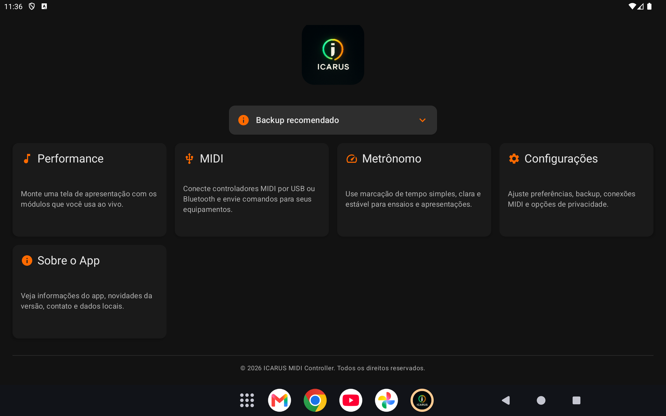 Tela inicial do Icarus MIDI Controller em tablet