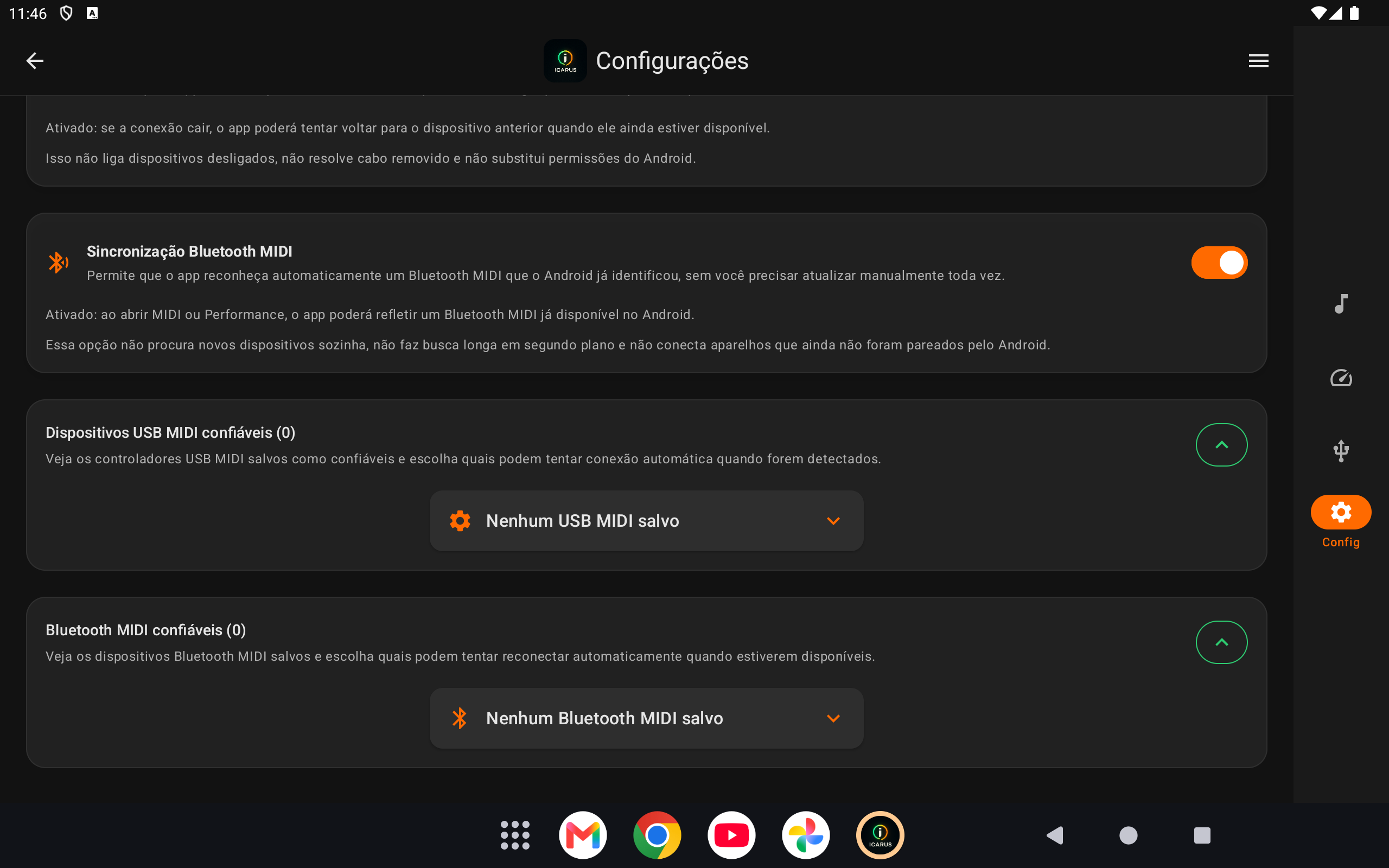 Tela de dispositivos MIDI confiáveis