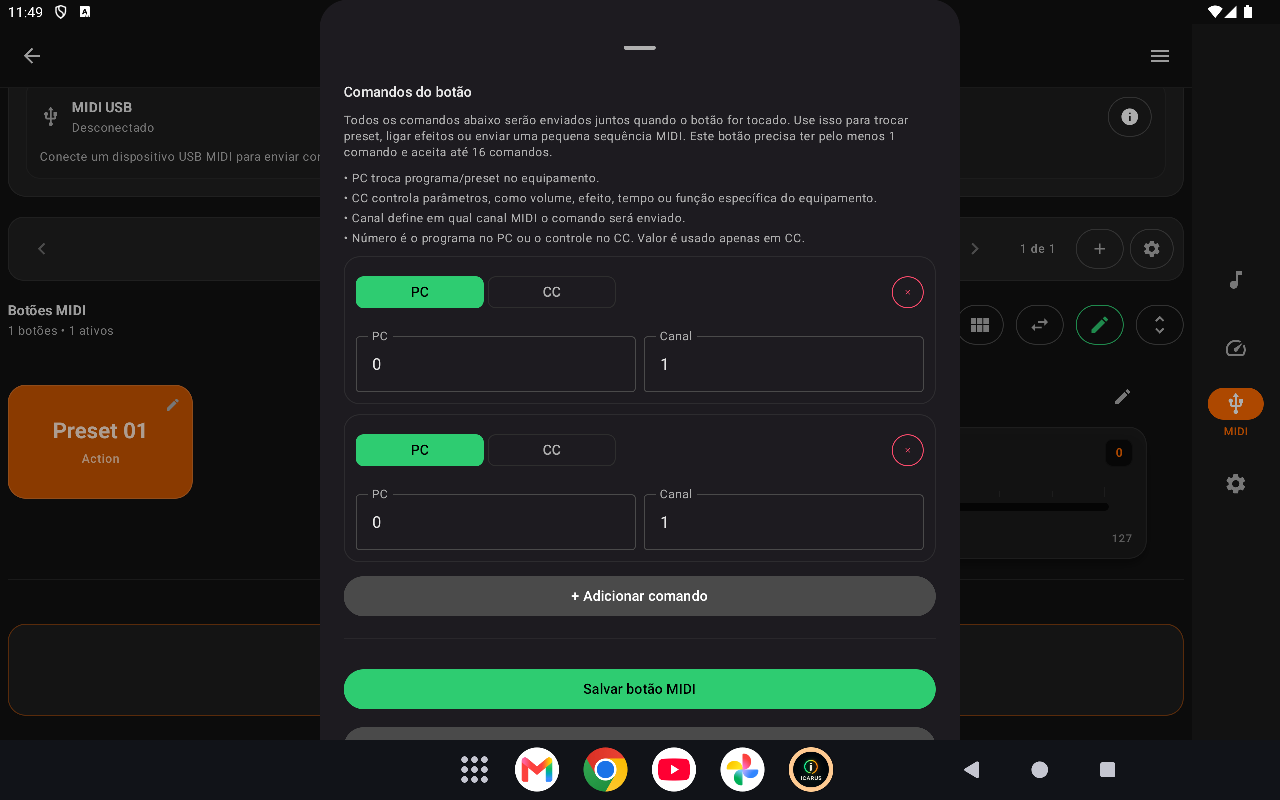 Tela de configuração de múltiplos comandos MIDI