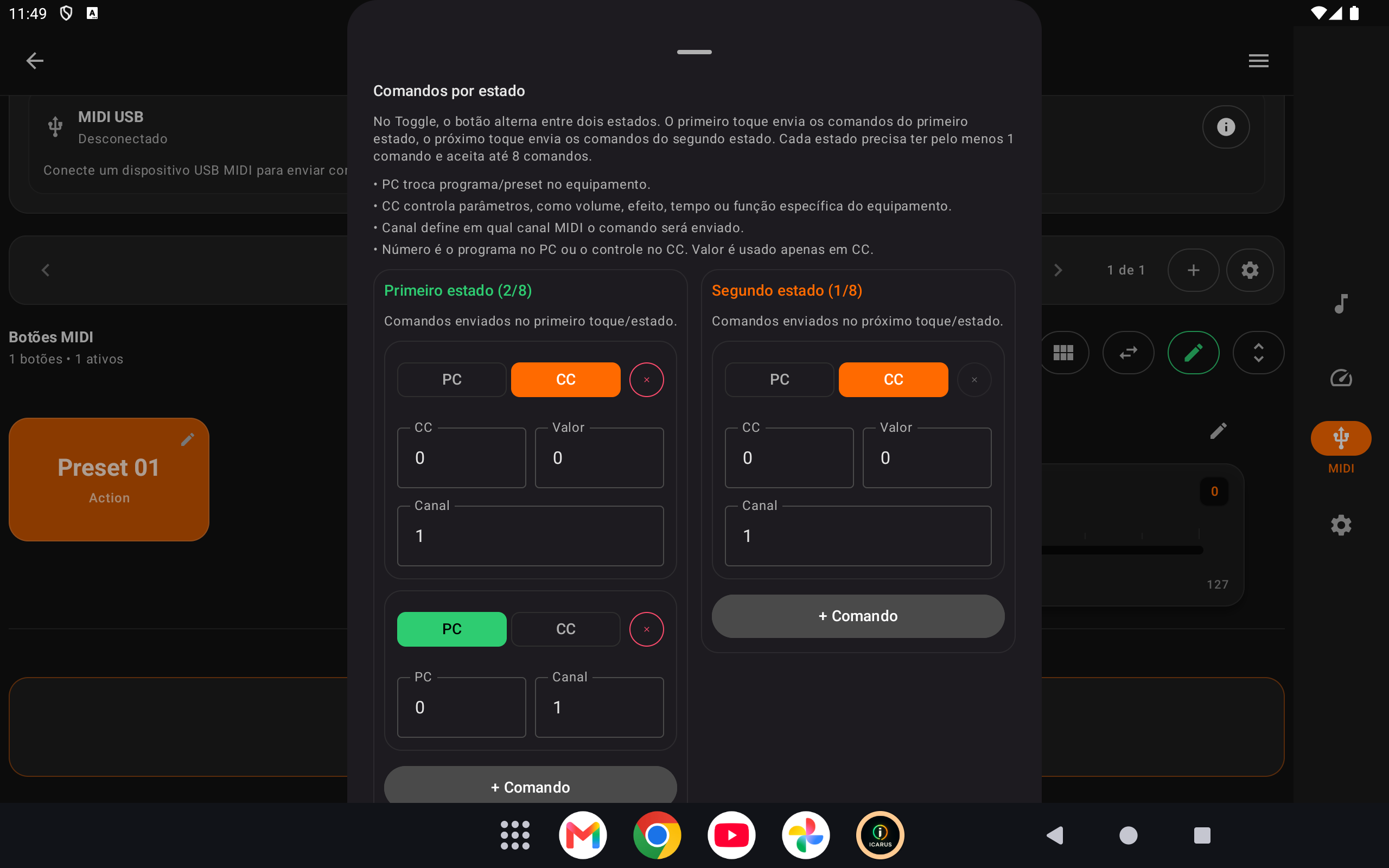Tela de configuração do modo Toggle Action por clique