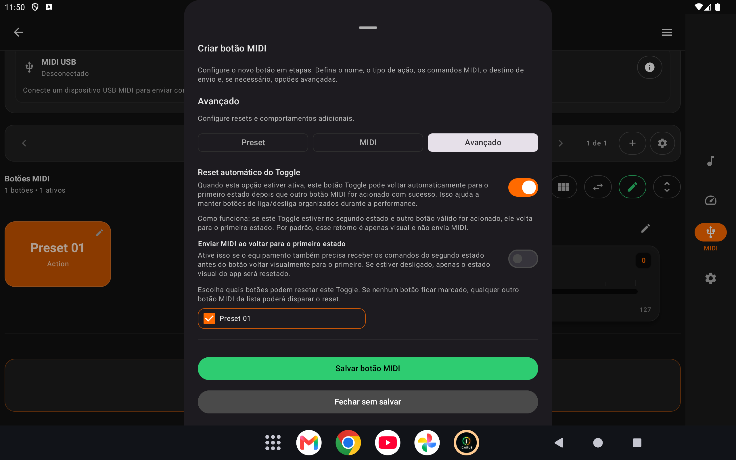 Tela de comportamentos avançados de envio MIDI