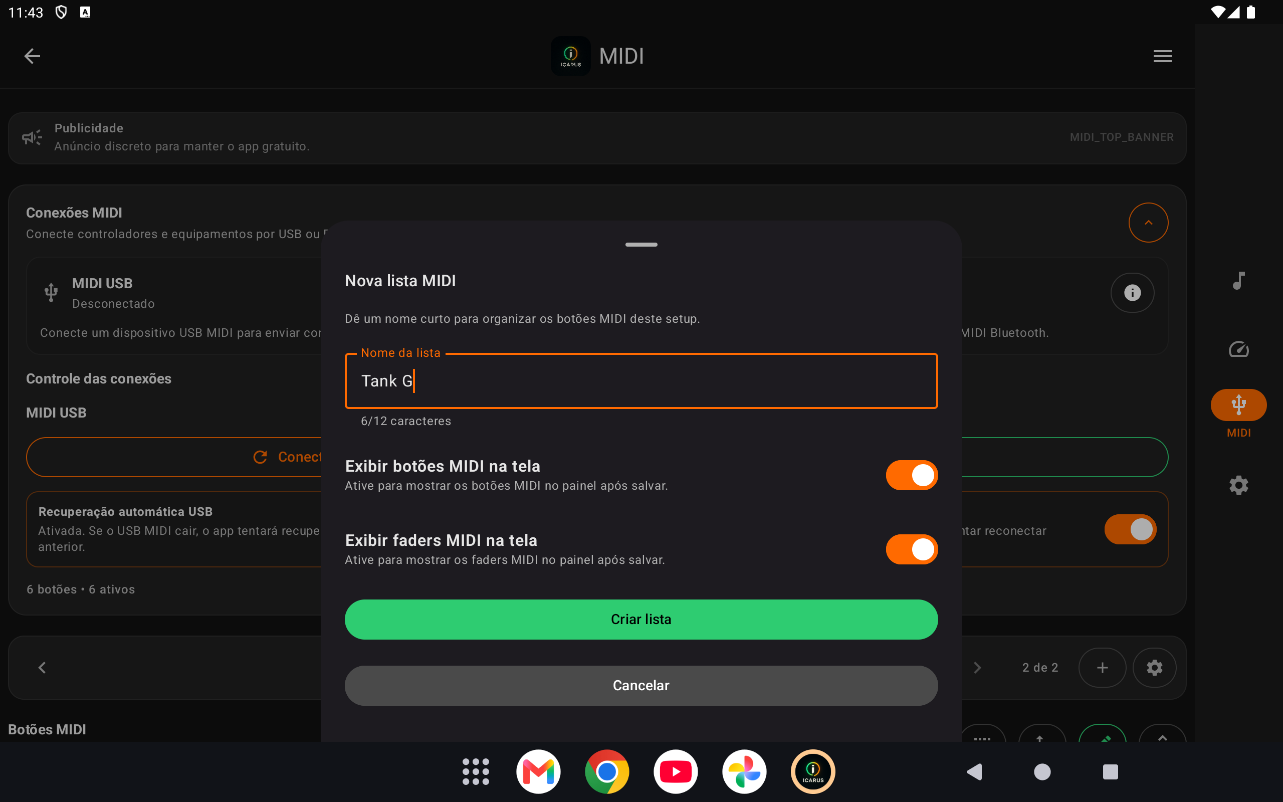 Tela de listas MIDI do Icarus MIDI Controller